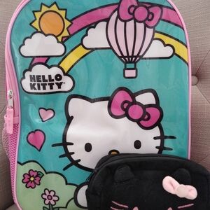 Hello Kitty Teal & Pink Backpack with Rainbow Motif and Hello Kitty Pencil Pouch